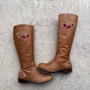 Anthropologie Tan Embroidered Heeled Boots
